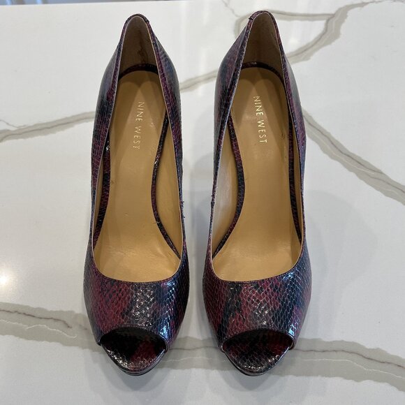 Nine West Danee Snake Skin Peeptoe Pumps in Black Cherry - Picture 2 of 8